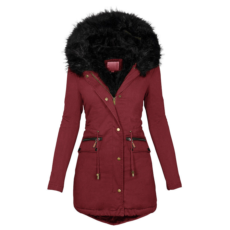 Women's Plush Hooded Winter Parka – Warm Thick Zip-Up Mid-Length Coat with Buckle & Pockets