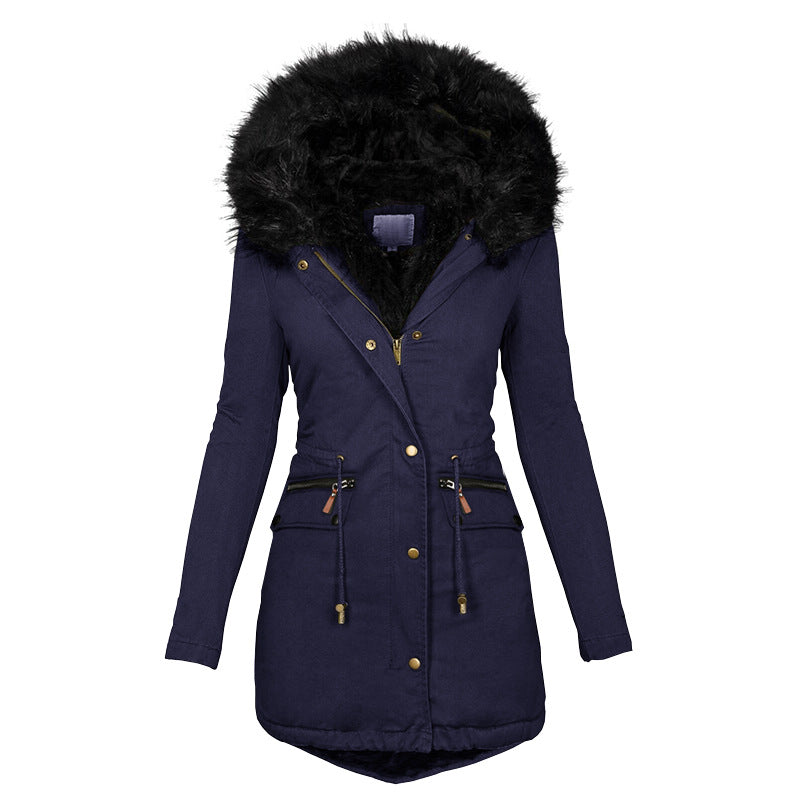 Women's Plush Hooded Winter Parka – Warm Thick Zip-Up Mid-Length Coat with Buckle & Pockets