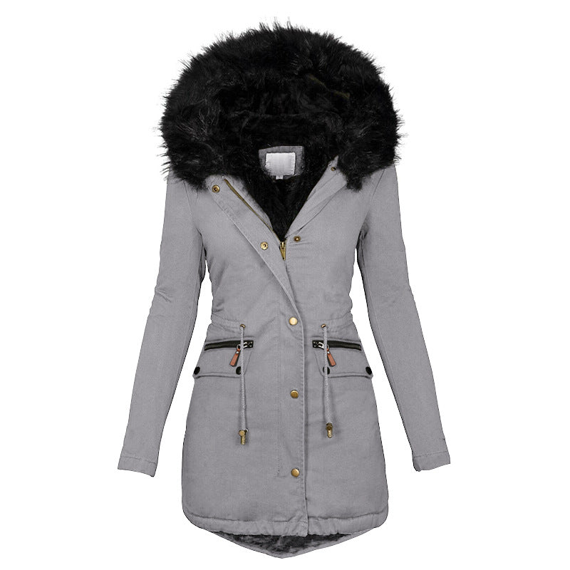 Women's Plush Hooded Winter Parka – Warm Thick Zip-Up Mid-Length Coat with Buckle & Pockets