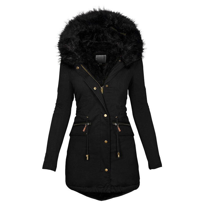 Women's Plush Hooded Winter Parka – Warm Thick Zip-Up Mid-Length Coat with Buckle & Pockets
