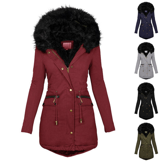 Women's Plush Hooded Winter Parka – Warm Thick Zip-Up Mid-Length Coat with Buckle & Pockets